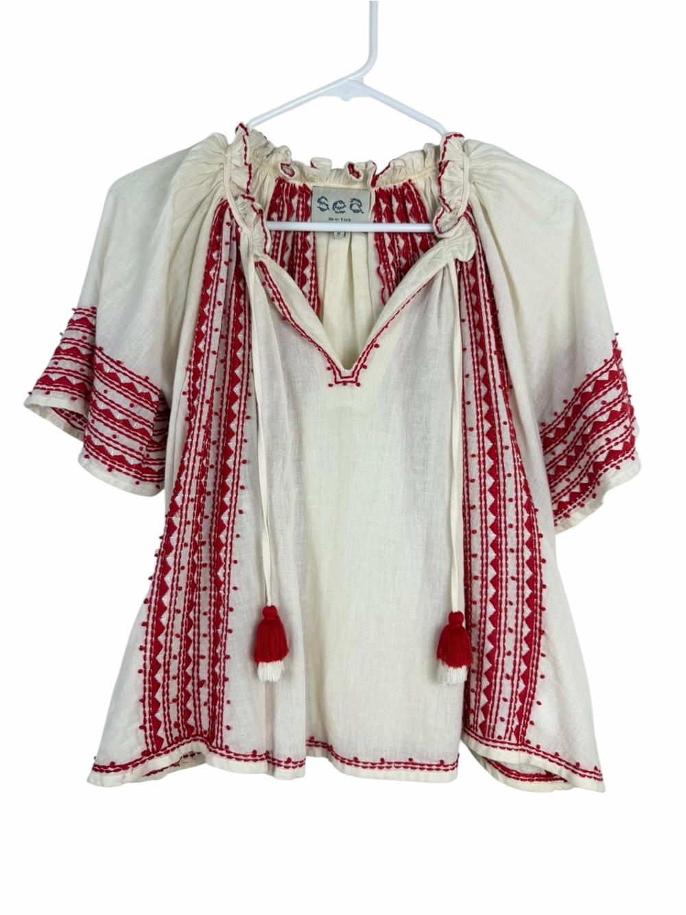 Sea New York Cream Peasant Blouse with Red Embroidery